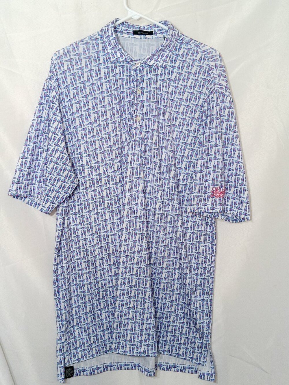 Turtleson Polo Shirt Mens L White Blue Tossed Bottle Print Golf Chet Performance